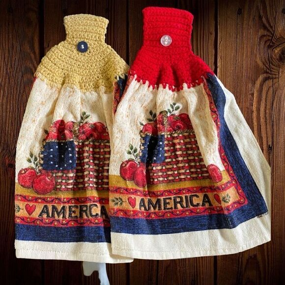 Vintage Apples Americana Crochet Top Hanging Kitchen Towels - Picture 1 of 6